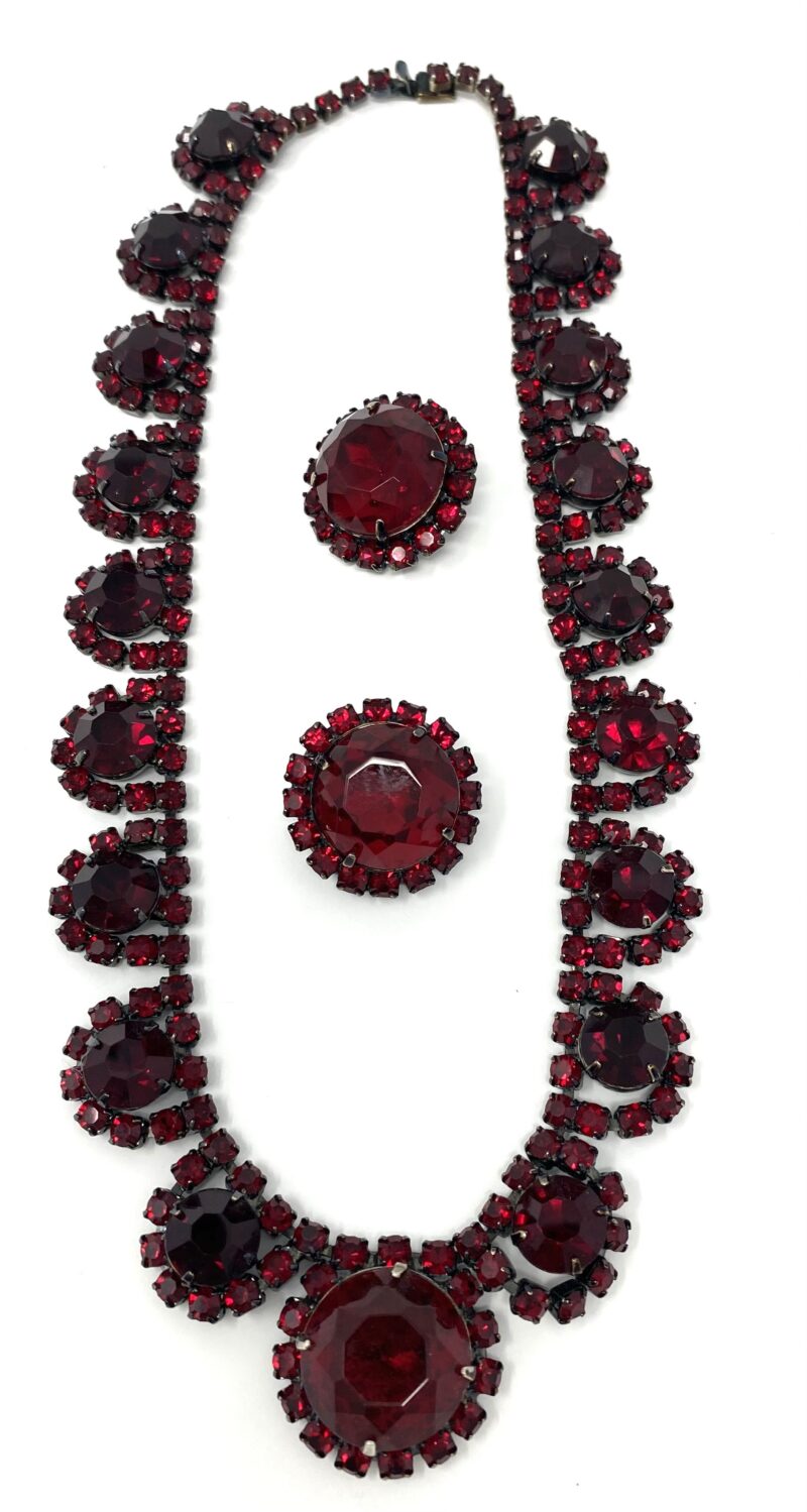 Red Crystal Vintage Necklace & Clip Earrings